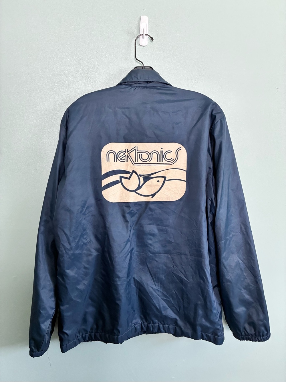 VTG Birdie Nektonics Coach Jacket Navy Blue Retro Fish Logo Snap Windbreaker Med
